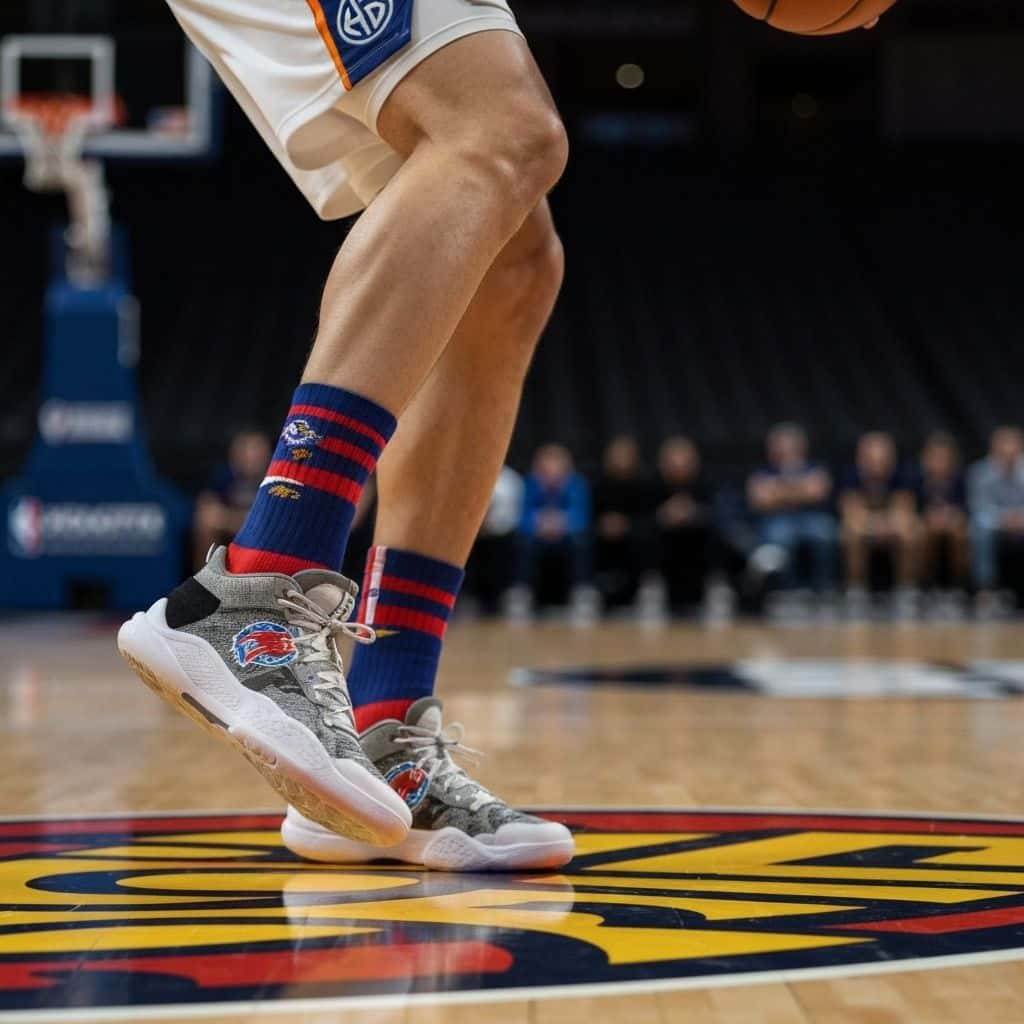 Custom basketball socks shown in wear and fit detail