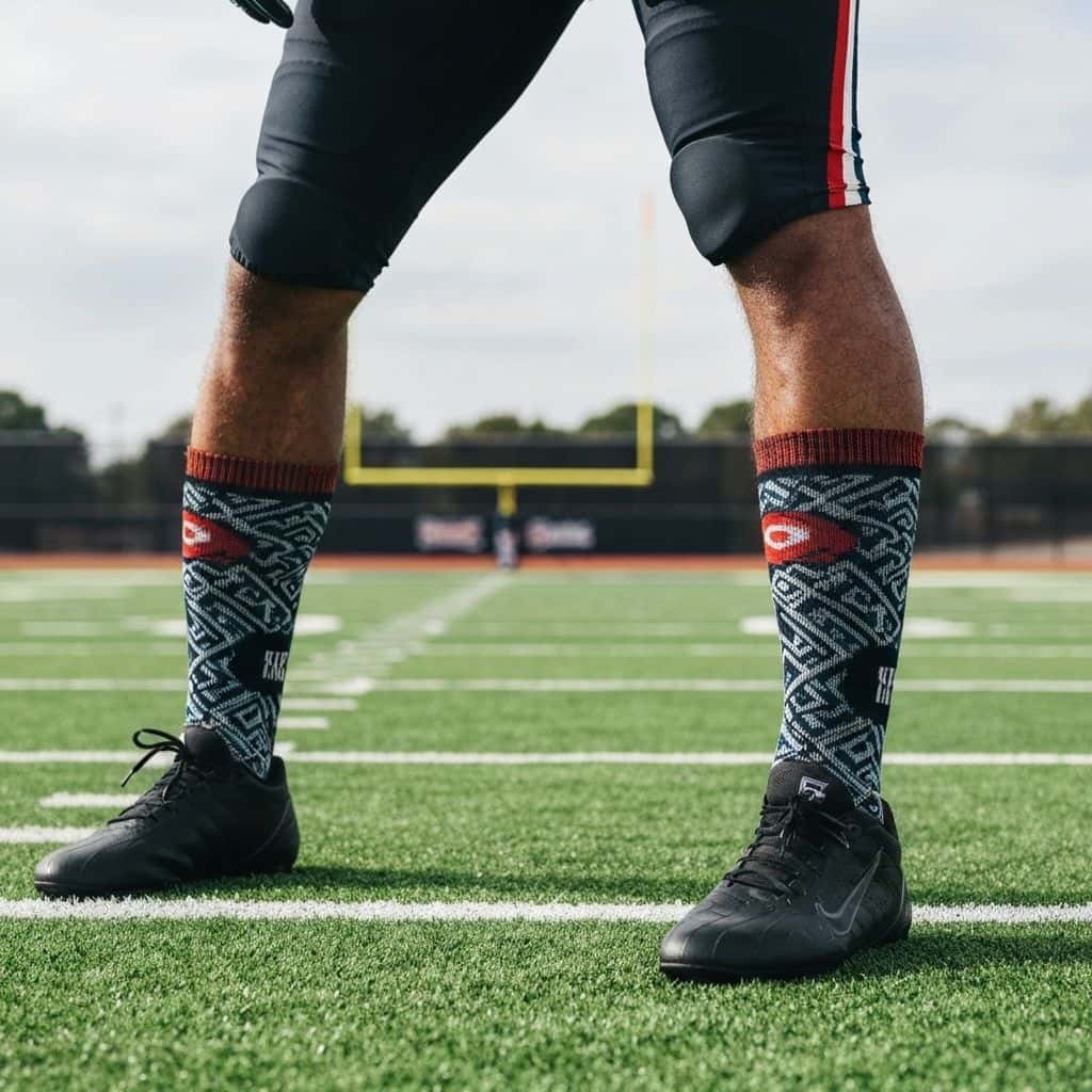Custom football socks shown in wear and fit detail