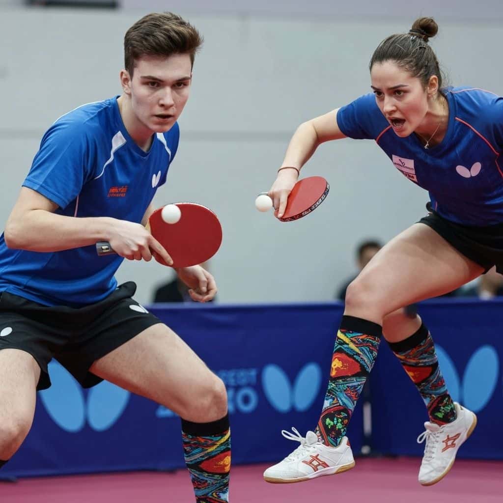 Custom table tennis socks shown in wear and fit detail