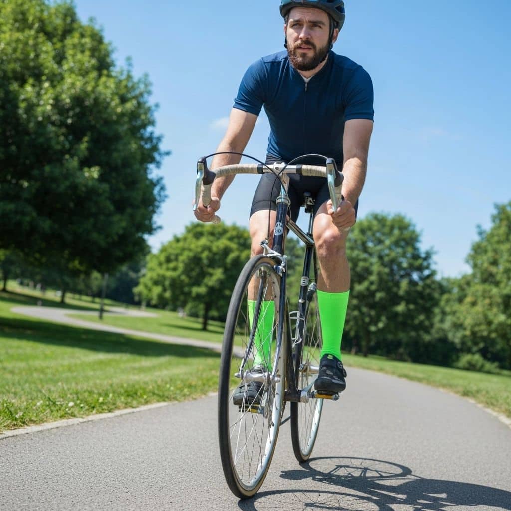 Cyclist on the bike wearing custom cycling socks