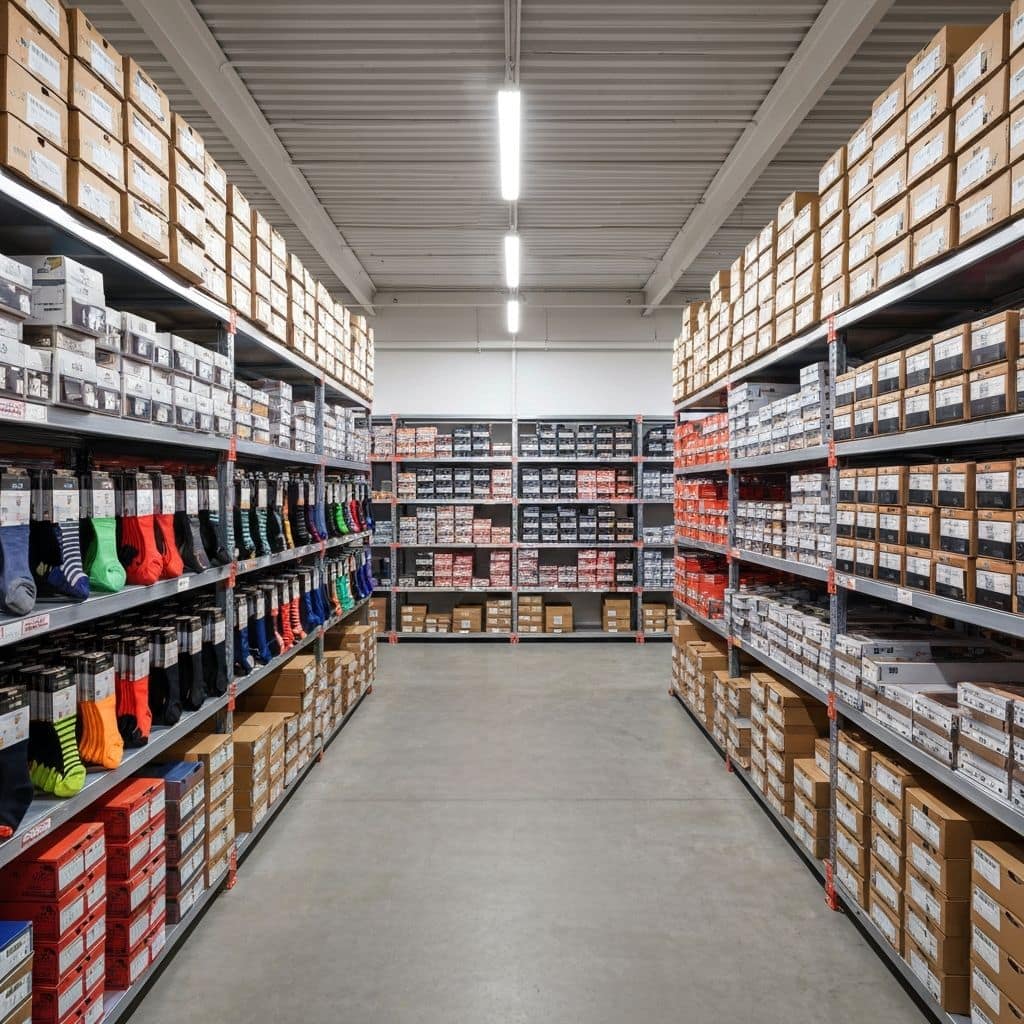 Wholesale sports sock inventory arranged across the catalog hub warehouse