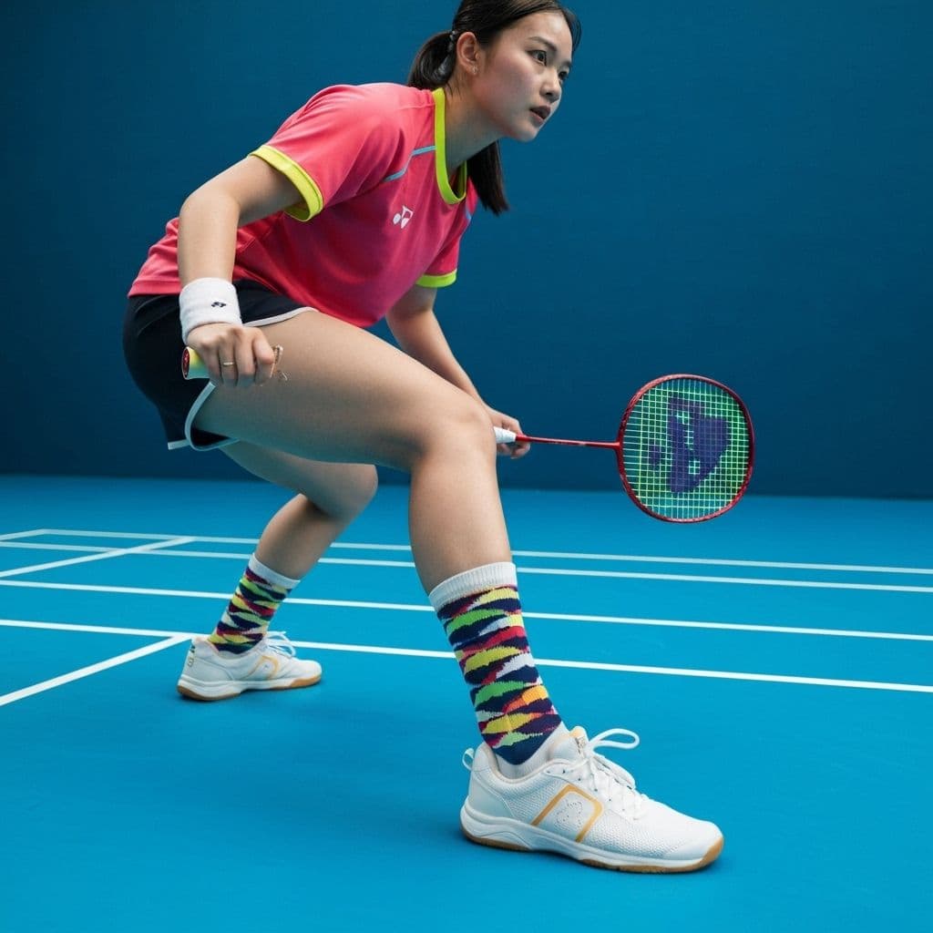 Custom badminton socks category cover image showing player on court