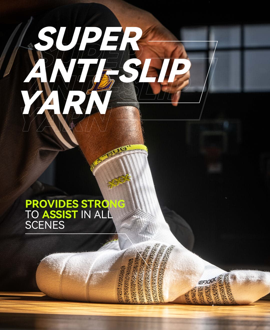 Anti-slip basketball socks with reinforced grip yarn