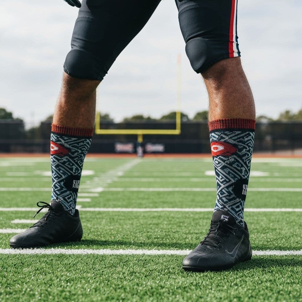 Custom football socks showing fit, wear, or close-up detail