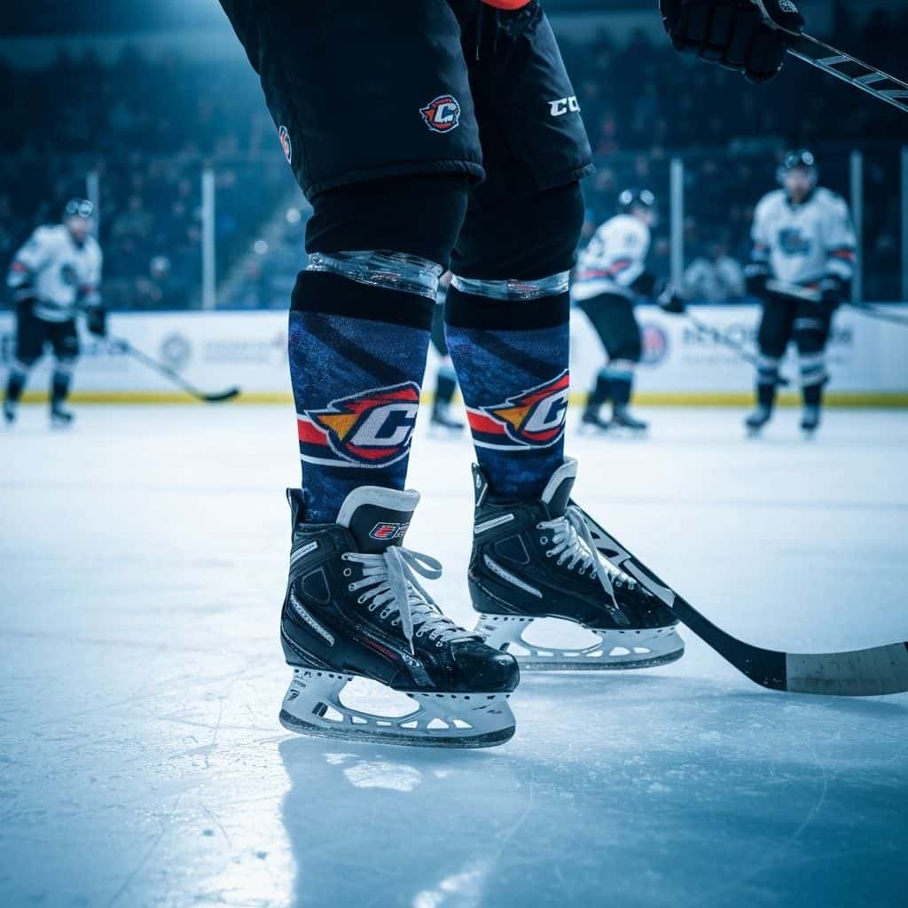 Custom hockey socks shown in wear and fit detail