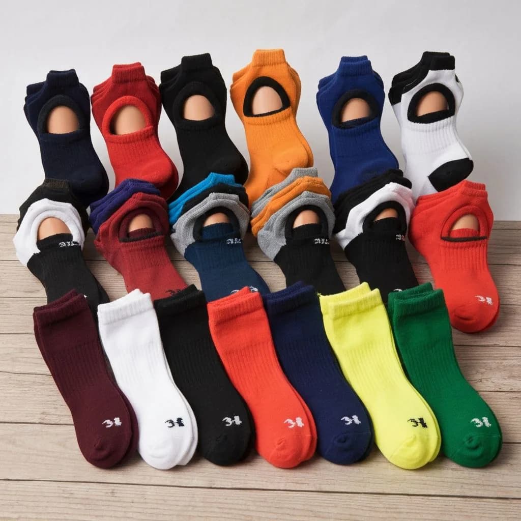 Display of bulk baseball socks in various team colors including stirrup socks, solid socks, and striped designs