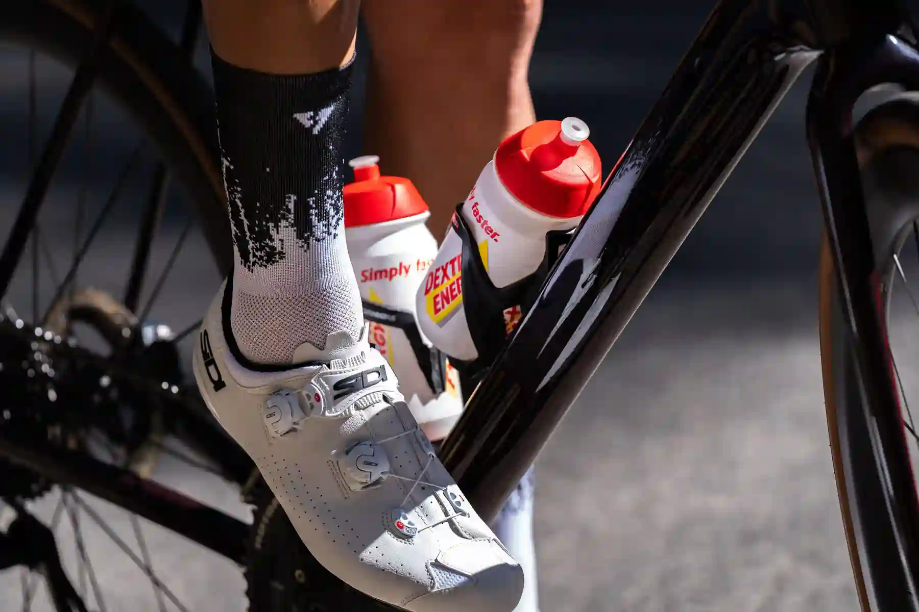 Close-up of a cycling shoe on a racing bicycle