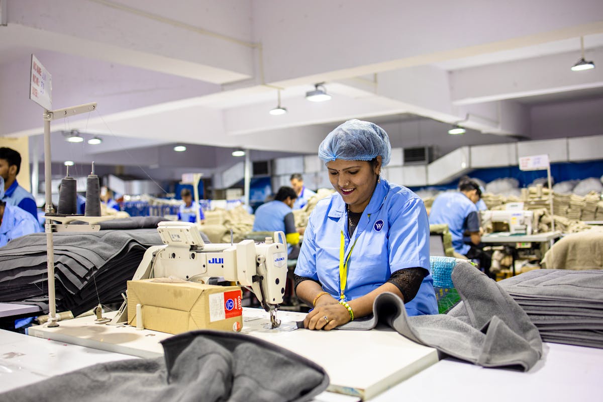 Busy textile factory floor used for sock manufacturing