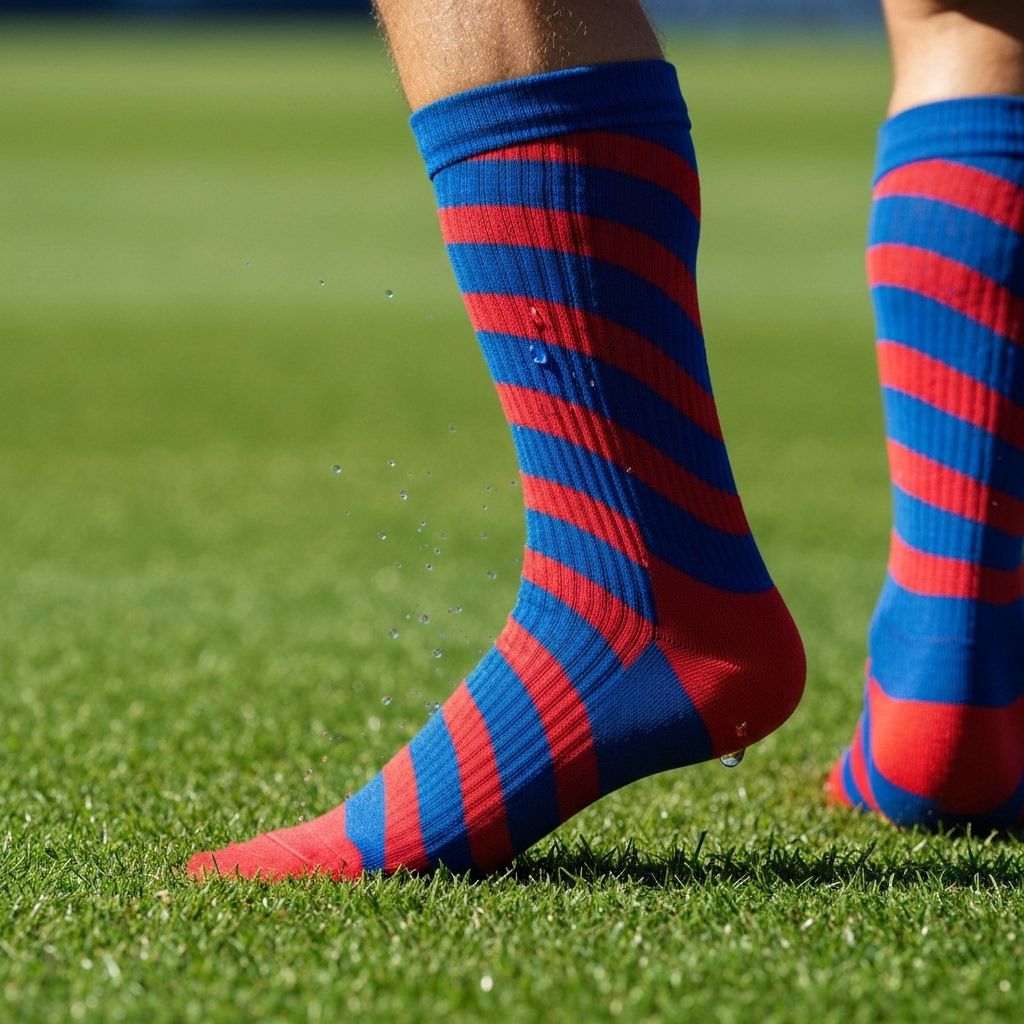 Close-up of Soccer athlete legs wearing custom team socks on field
