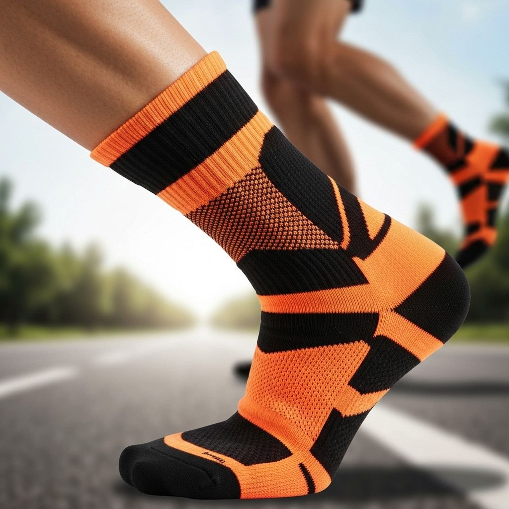 Custom track and field socks shown in wear and fit detail