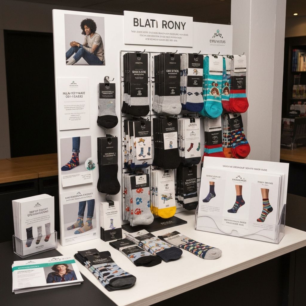 Professional sock brand display with logo, packaging and marketing materials showcasing brand identity