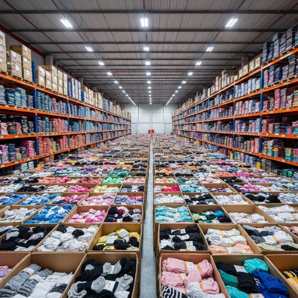 Warehouse shelves stocked with colorful custom sports socks inventory ready for wholesale distribution