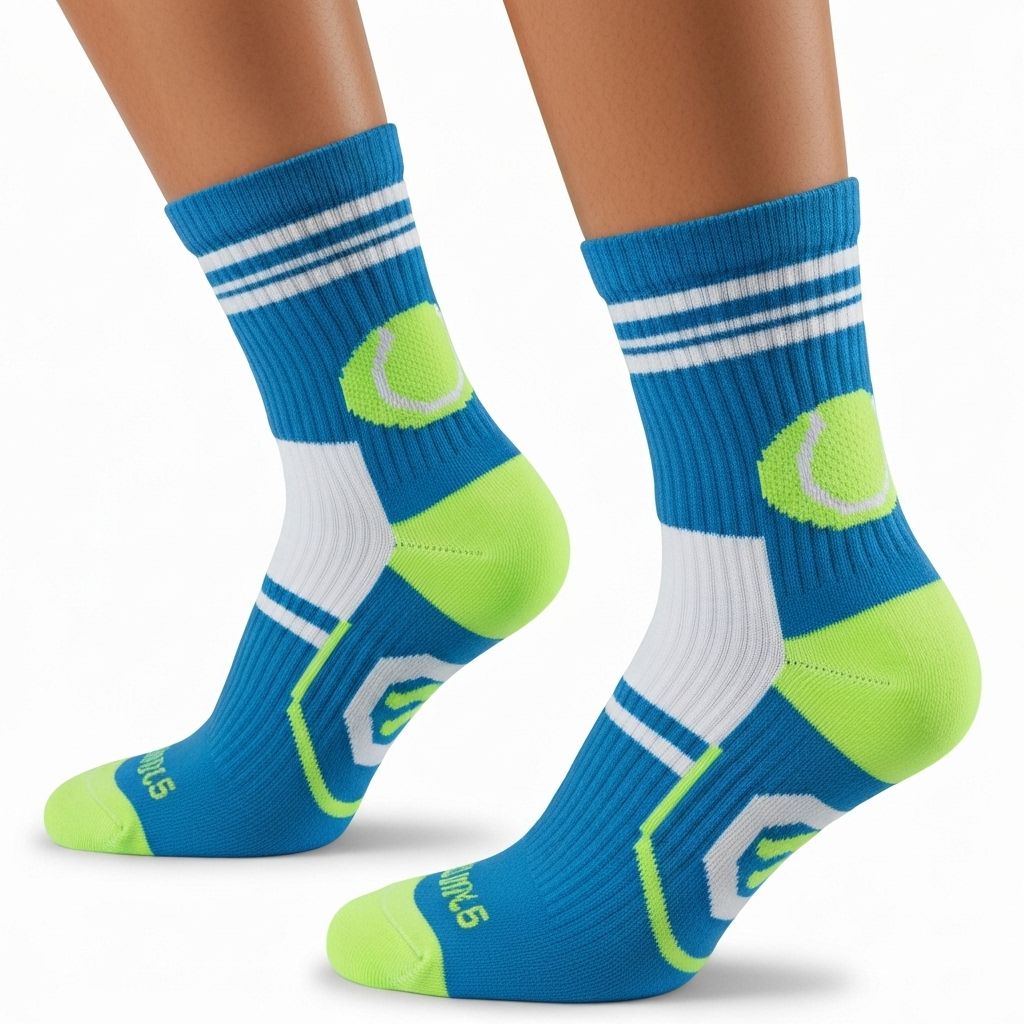 Close-up of Tennis athlete legs wearing custom team socks on field