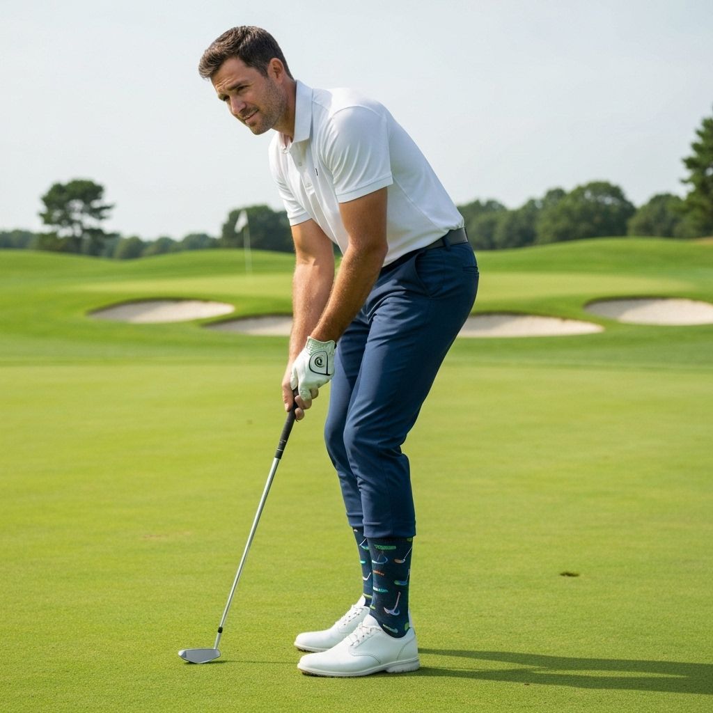Pair of custom Golf socks flat lay showing design details and branding
