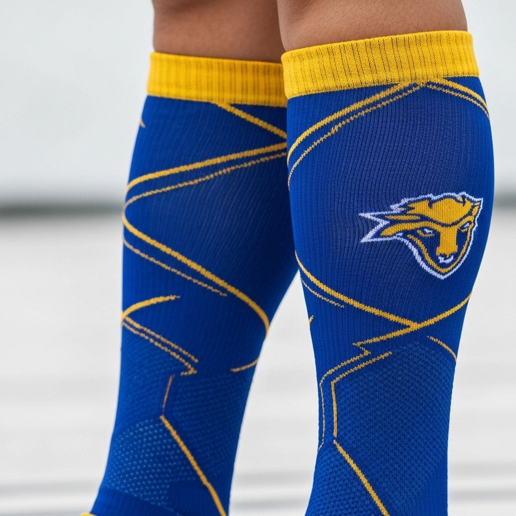 Lacrosse player wearing custom athletic socks during game action