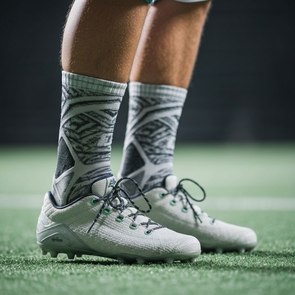 Pair of custom Lacrosse socks flat lay showing design details and branding