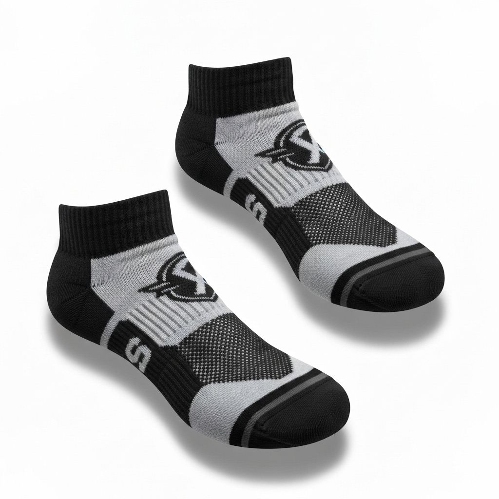 Pair of custom Basketball socks flat lay showing design details and branding