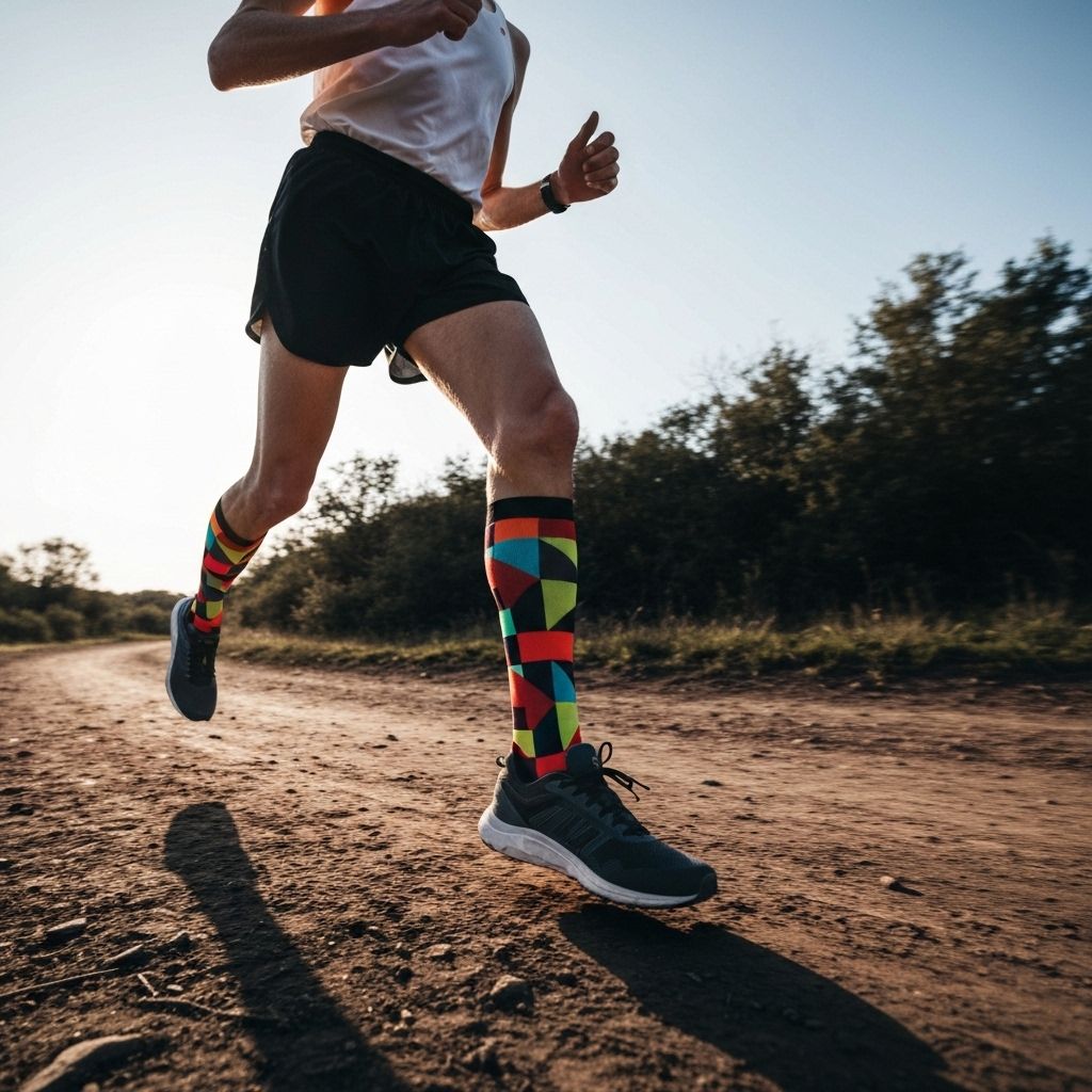 Pair of custom Running socks flat lay showing design details and branding