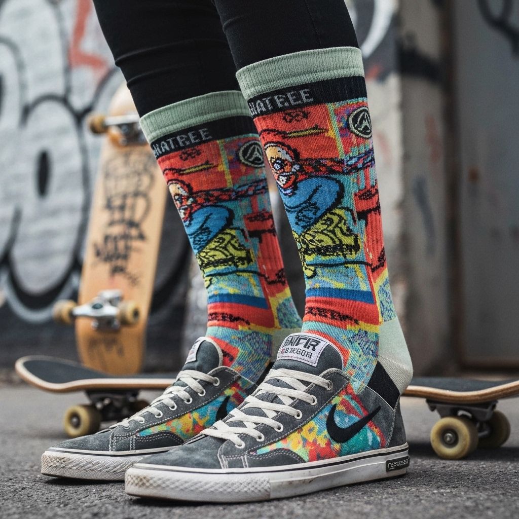 Skateboarding player wearing custom athletic socks during game action