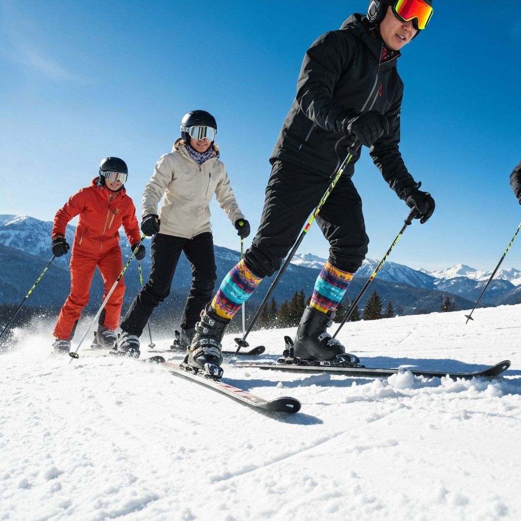 Skiers wearing custom skiing socks