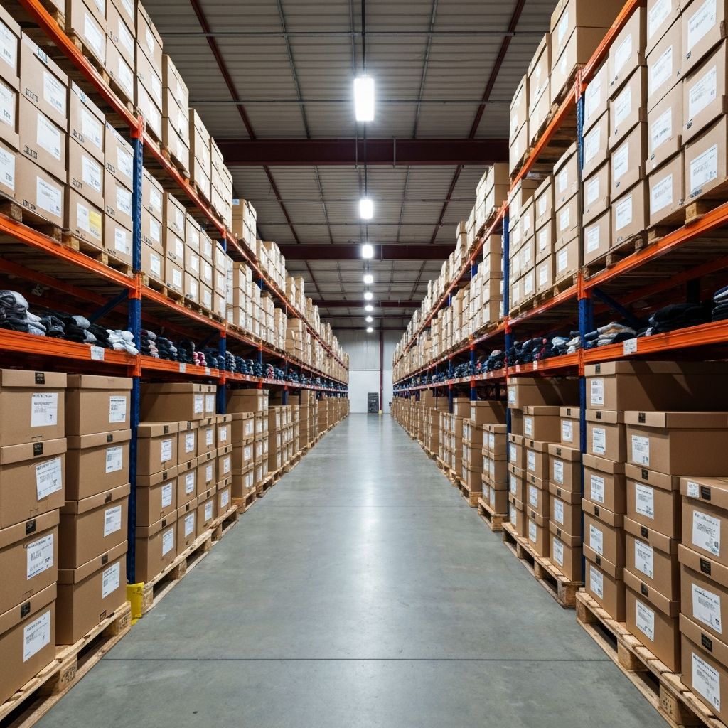Organized warehouse with wholesale sock inventory and B2B purchasing operations